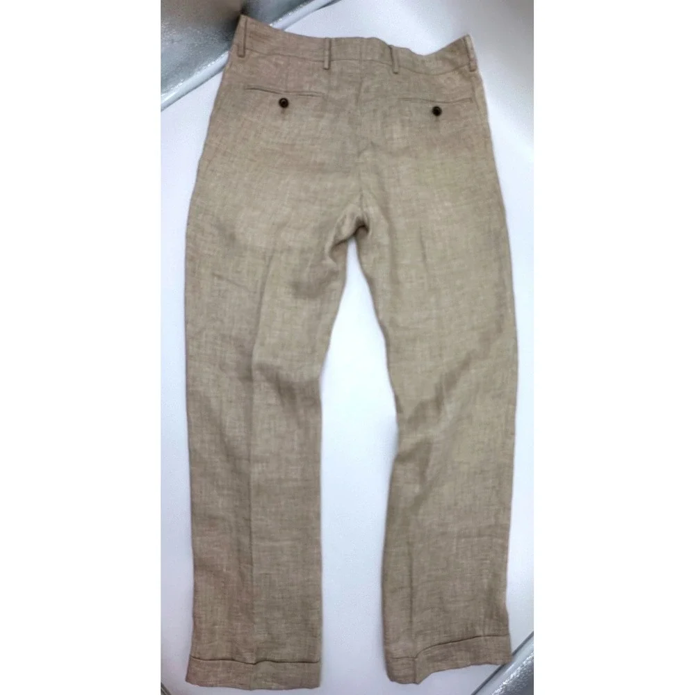 Murano Baird McNutt Linen Pants Mens 32x30 Alex Fit Tan Cuffed Dress Trousers